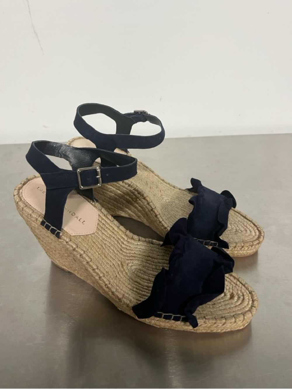 Loeffler Randall Gabby Wedge Espadrille Sandal Navy Ruffle Suede Women’s 9 NEW